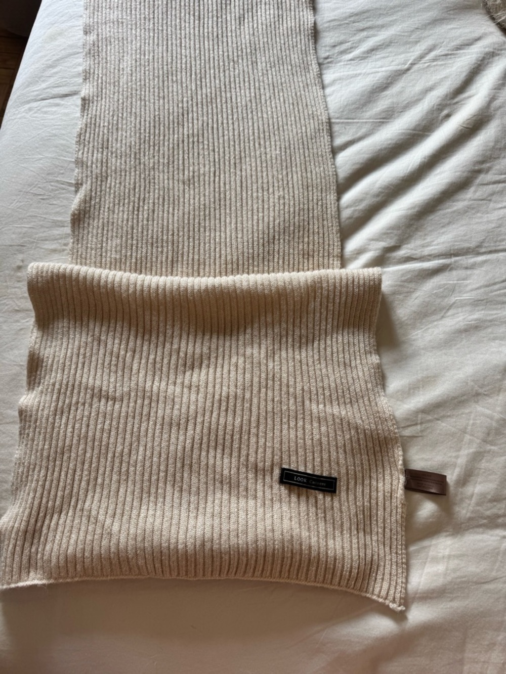 Light Beige Ribbed Knit Scarf with Shimmer